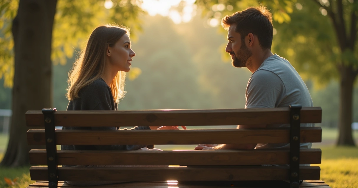 Conversación sincera entre dos personas sentadas en un banco. 