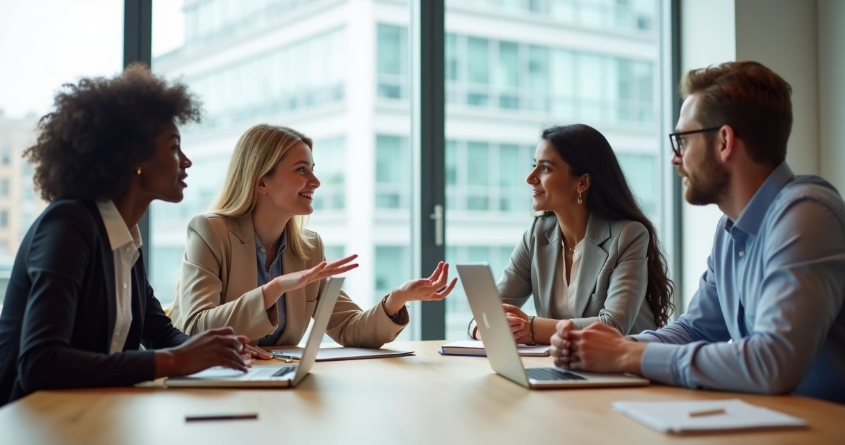 Equipo en oficina moderna practicando escucha activa en una reunión 