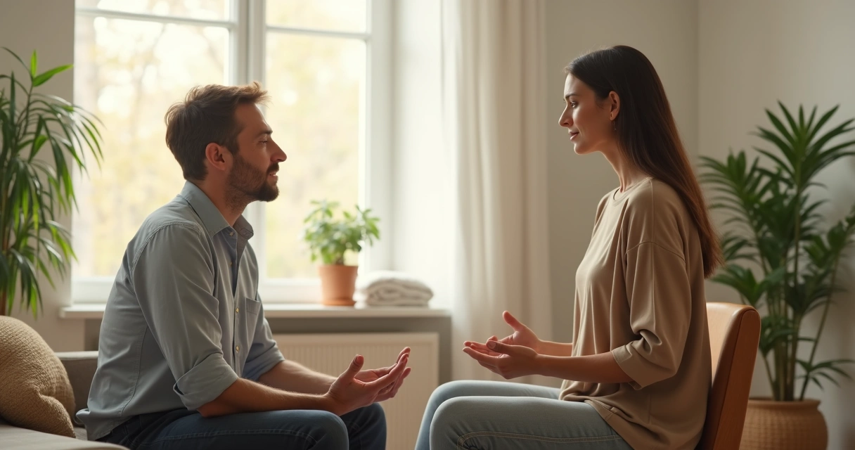 Dos personas conversando con gesto sereno en una sala luminosa