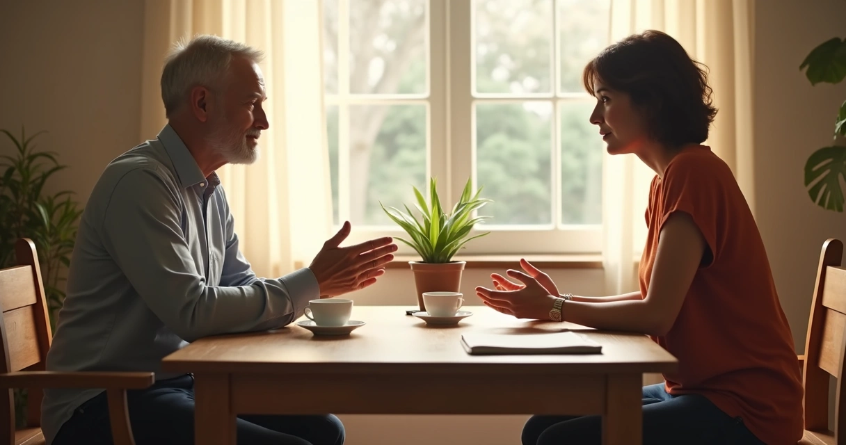 Dos personas conversando con calma en una mesa