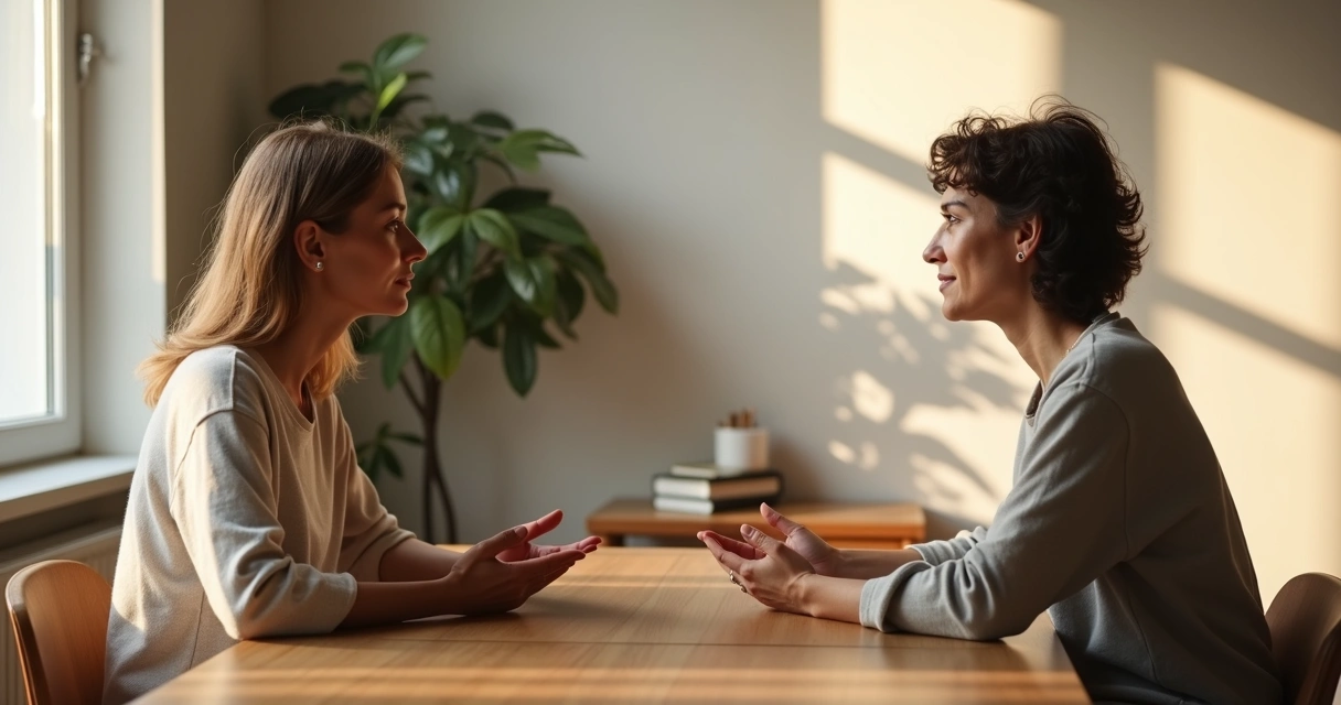 Dos personas sentadas frente a frente practicando escucha consciente en un entorno tranquilo 