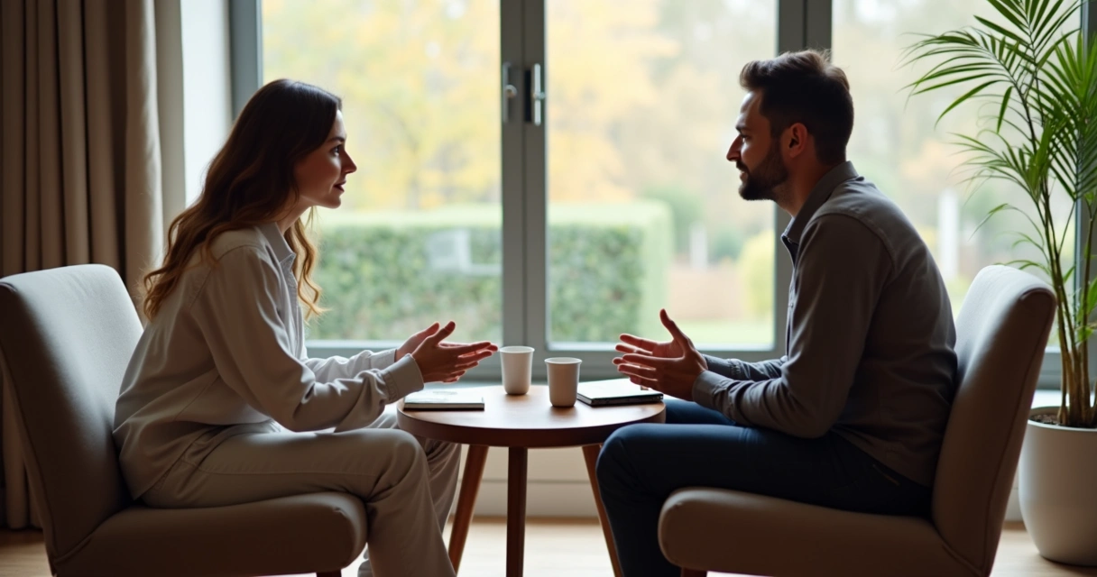 Dos personas conversando con postura abierta y atención mutua
