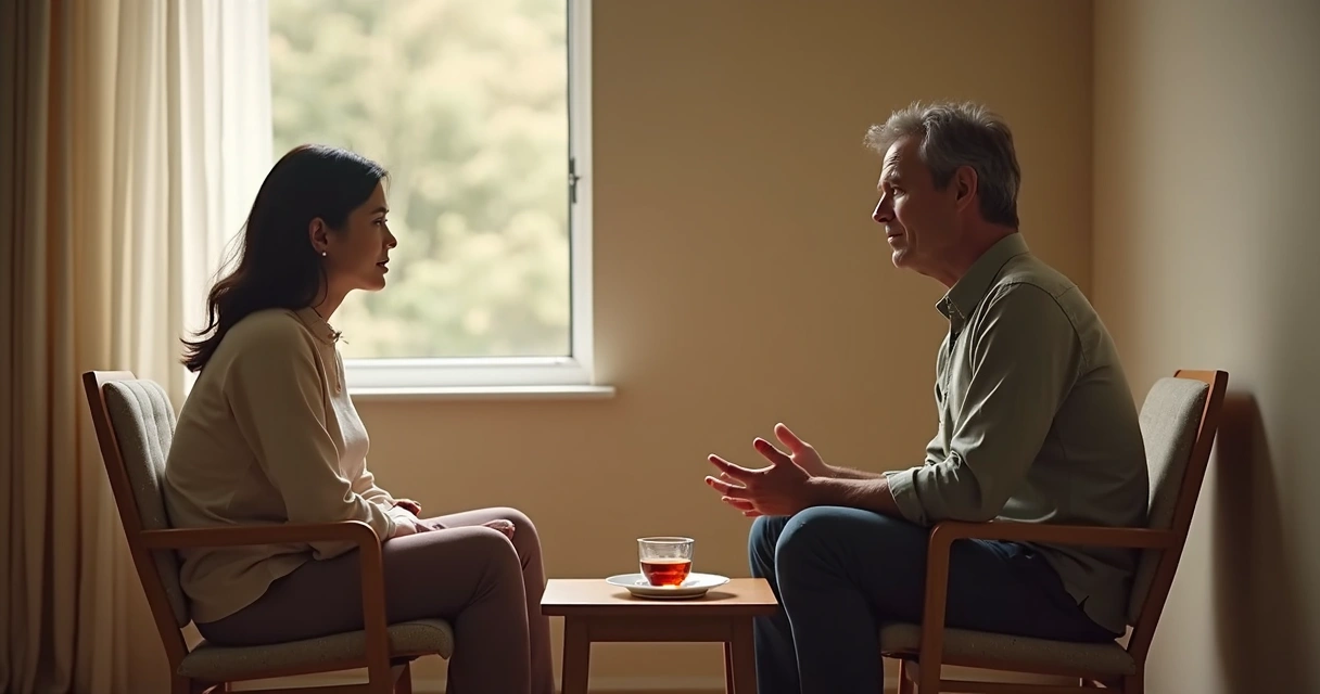 Dos personas conversando con atención en un espacio tranquilo 