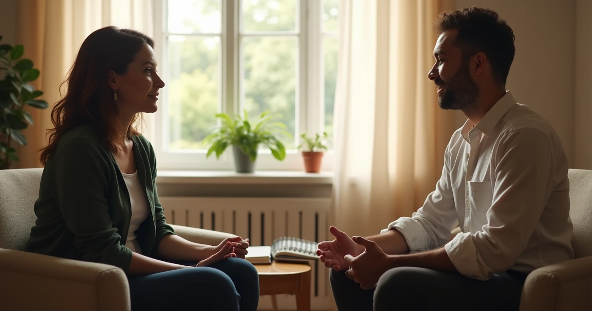 Dos personas conversando con atención en un entorno sereno 