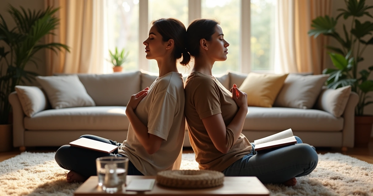 Pareja sentada espalda con espalda practicando escucha emocional 