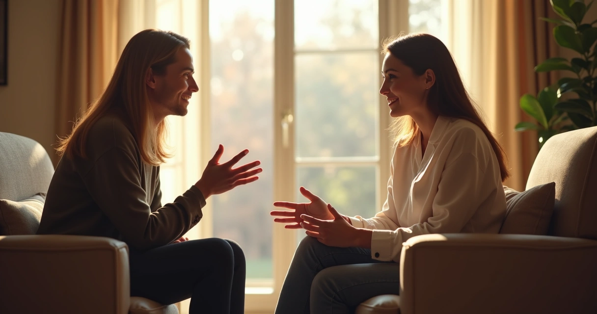 Dos personas sentadas dialogan cara a cara, una escucha con atención a la otra 