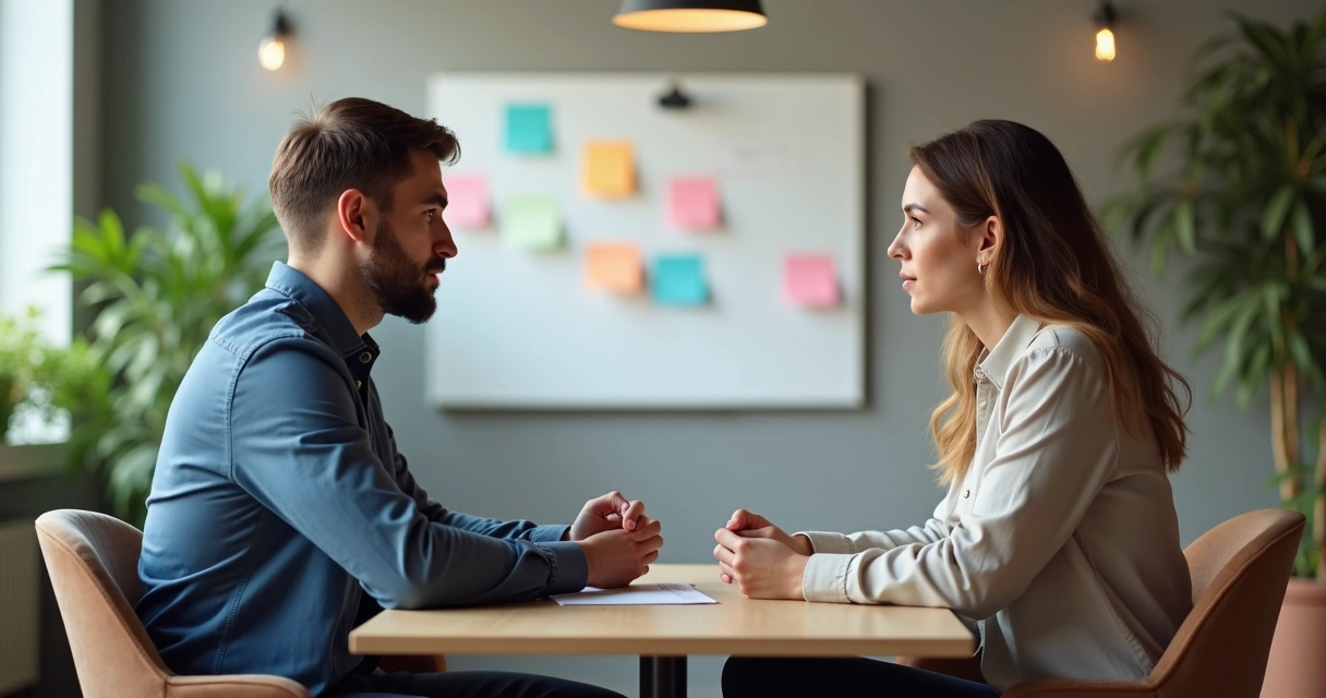 Dos personas sentadas una frente a la otra en una oficina, mostrando atención y empatía durante una conversación. 