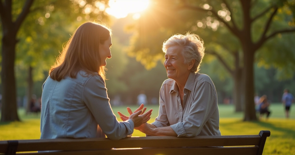 Dos personas conversan con calma en una banca de parque arbolado 
