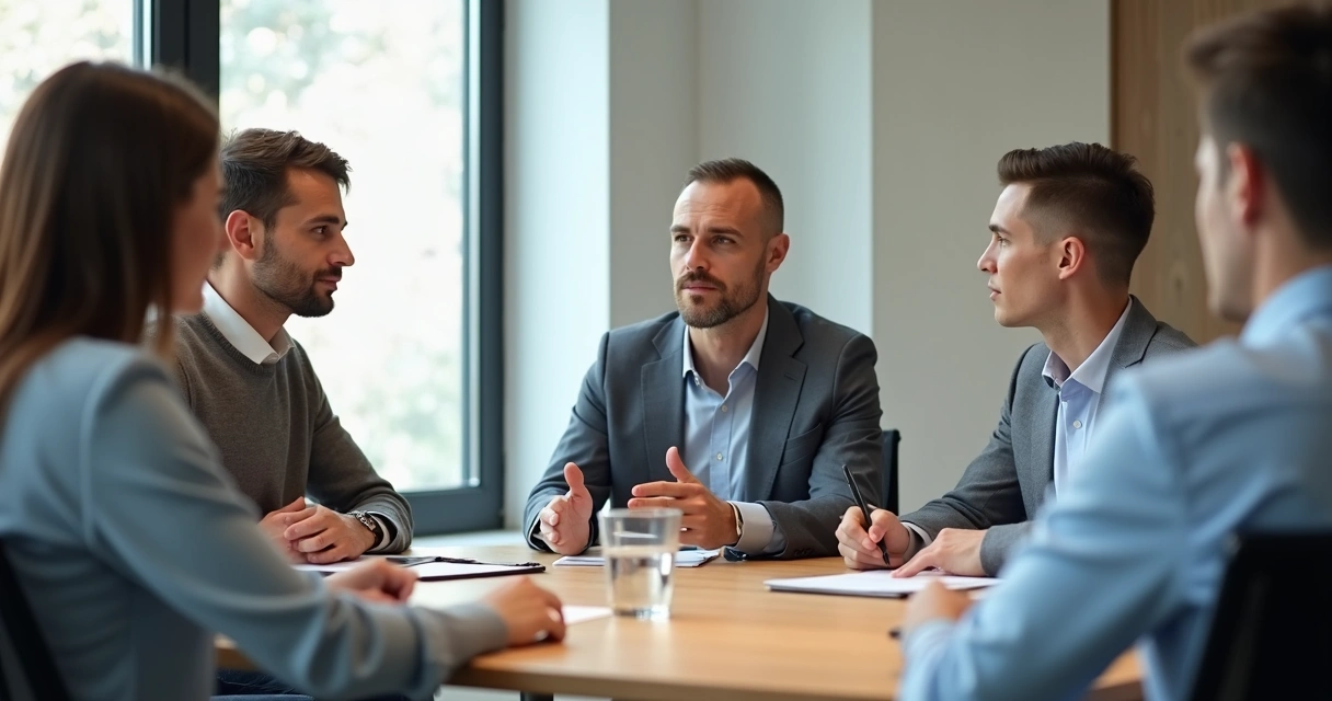 Personas conversando en una reunión con escucha atenta y lenguaje corporal abierto