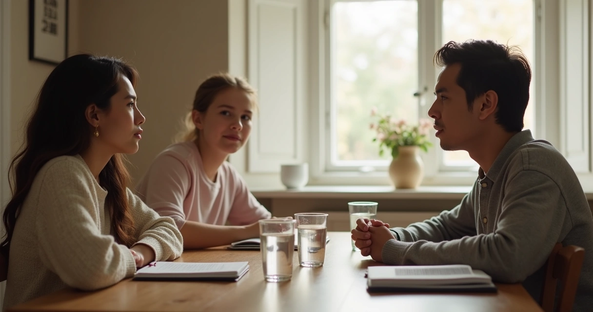 Familia dialogando con calma alrededor de una mesa 