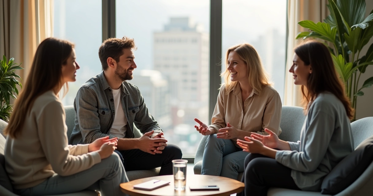 Personas conversando atentas en una reunión tranquila 