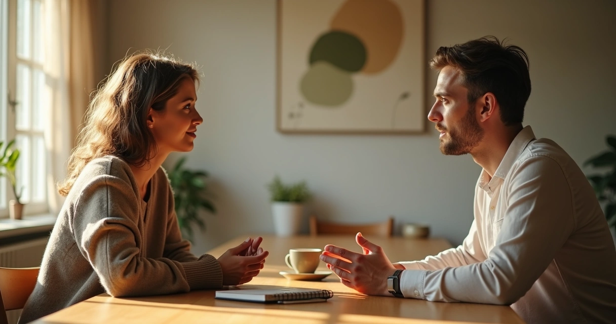 Dos personas conversan con atención plena en un entorno tranquilo 