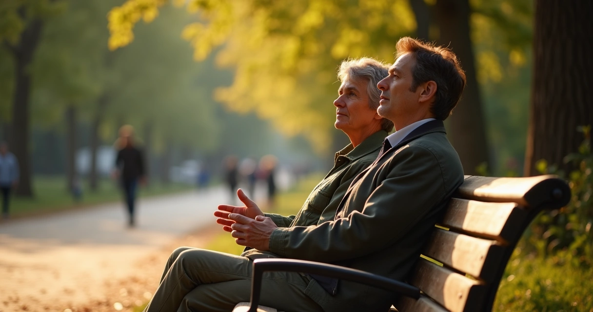 Dos personas sentadas en un banco del parque practicando escucha atenta 