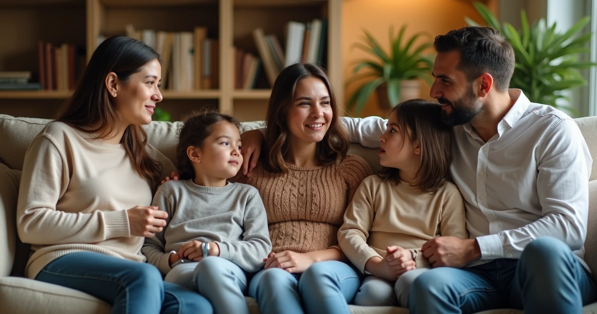 Familia sentada junta en sofá escuchando atentamente a un miembro