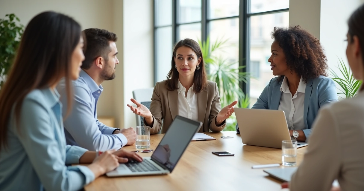 Grupo de trabajo en oficina escuchando con atención a una compañera 
