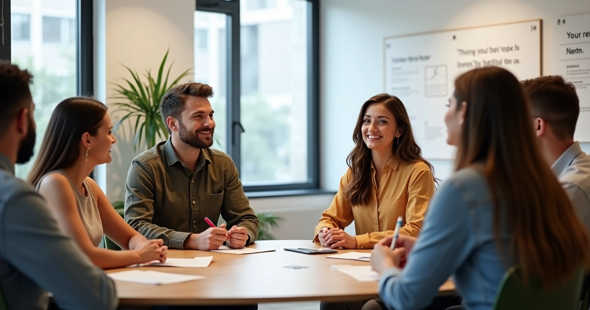 Equipo de trabajo sentado en círculo, compartiendo ideas en un ambiente cooperativo. 