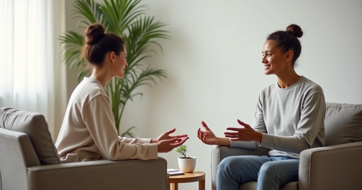 Dos personas conversando con distancia serena en una sala luminosa 