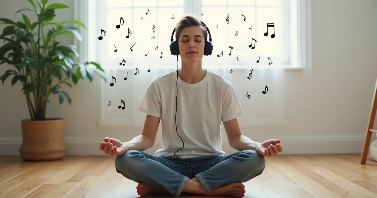 Persona sentada con auriculares, ojos cerrados, escuchando música en un ambiente sereno 
