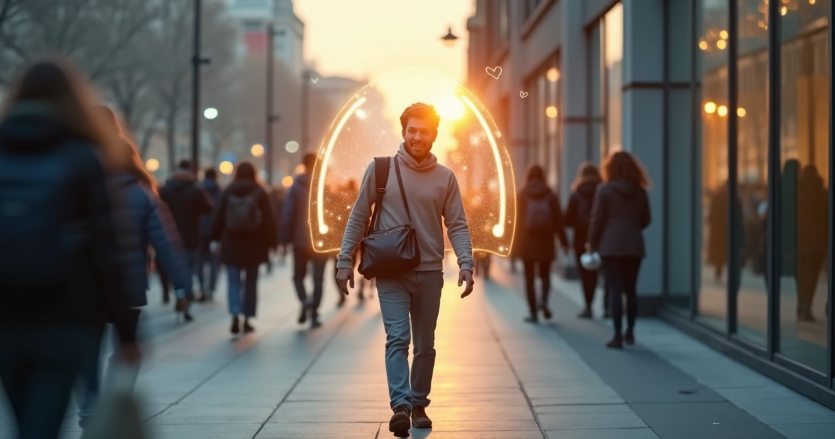 Pessoa caminhando pela cidade protegida por um escudo de luz suave 