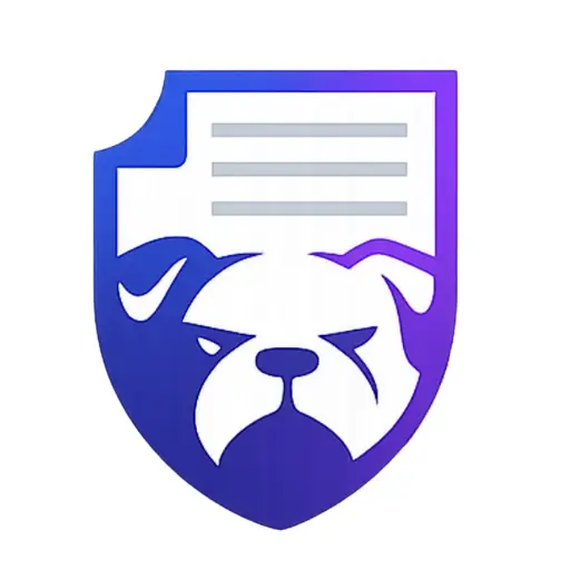 Símbolo de escudo azul e roxo com rosto de bulldog e documento acima