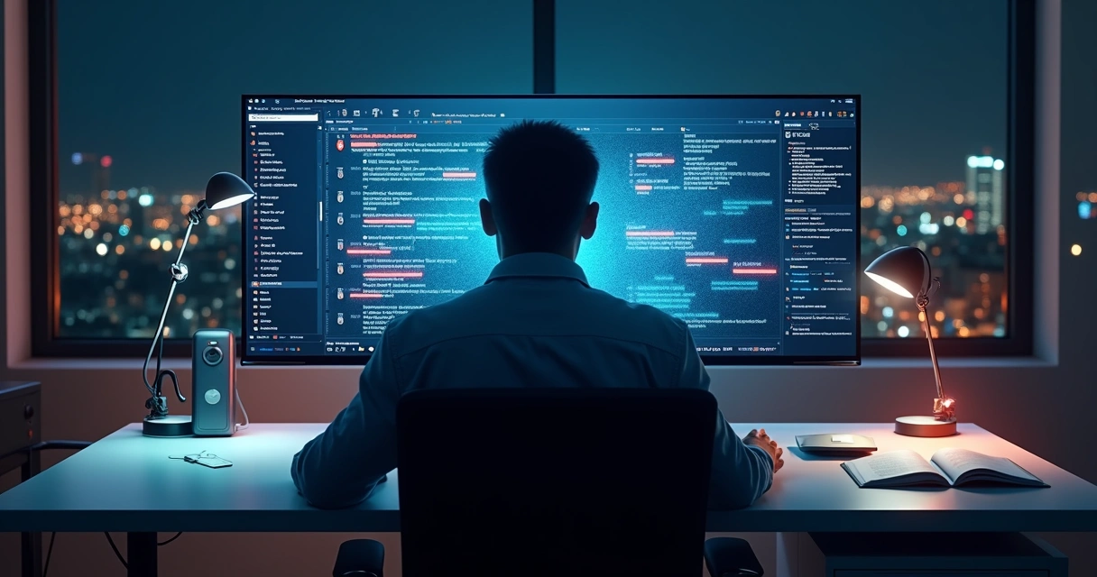 Profissional de frente para tela com e-mails maliciosos bloqueados por escudo de segurança digital 