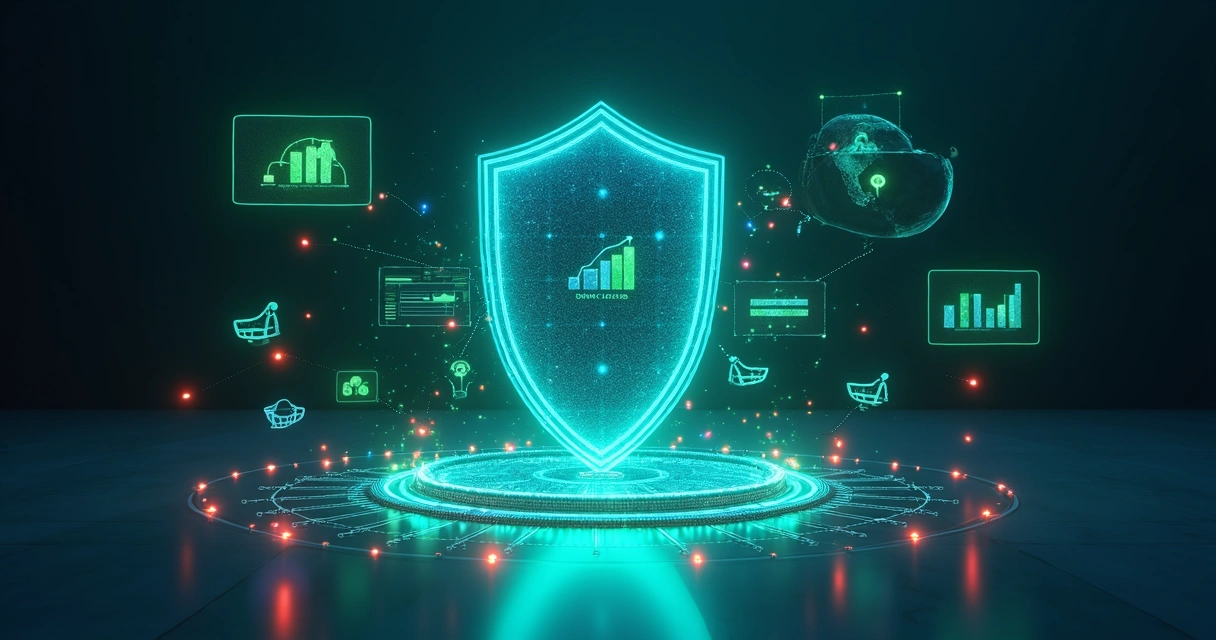 Escudo digital protegendo dados e gráficos de marketing 