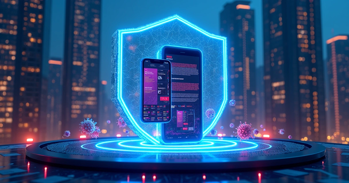Escudo digital protegendo app low-code em paisagem futurista 