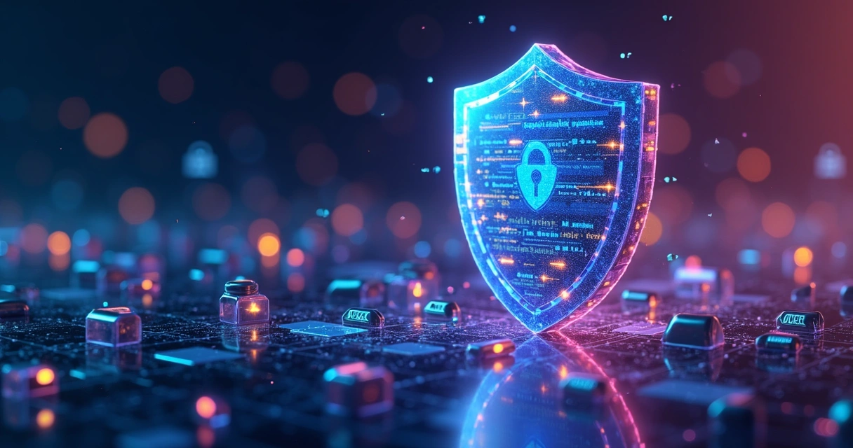 Escudo digital protegendo pacotes de software em uma rede de conexões 