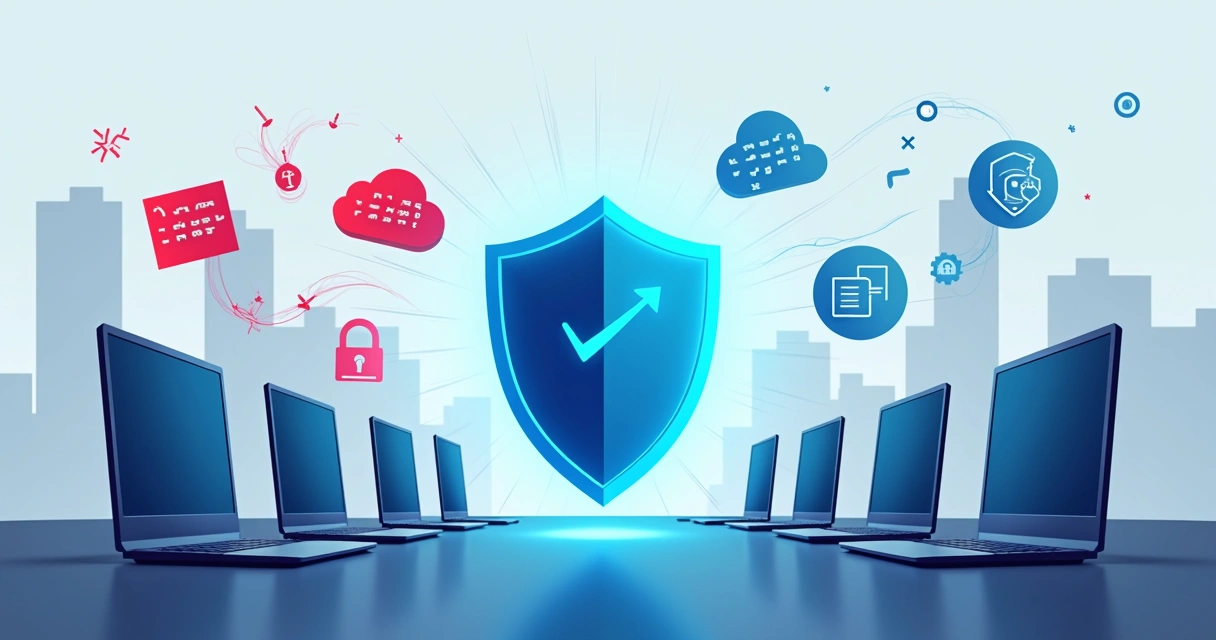 Escudo digital protegendo computadores corporativos contra ataque de ransomware 