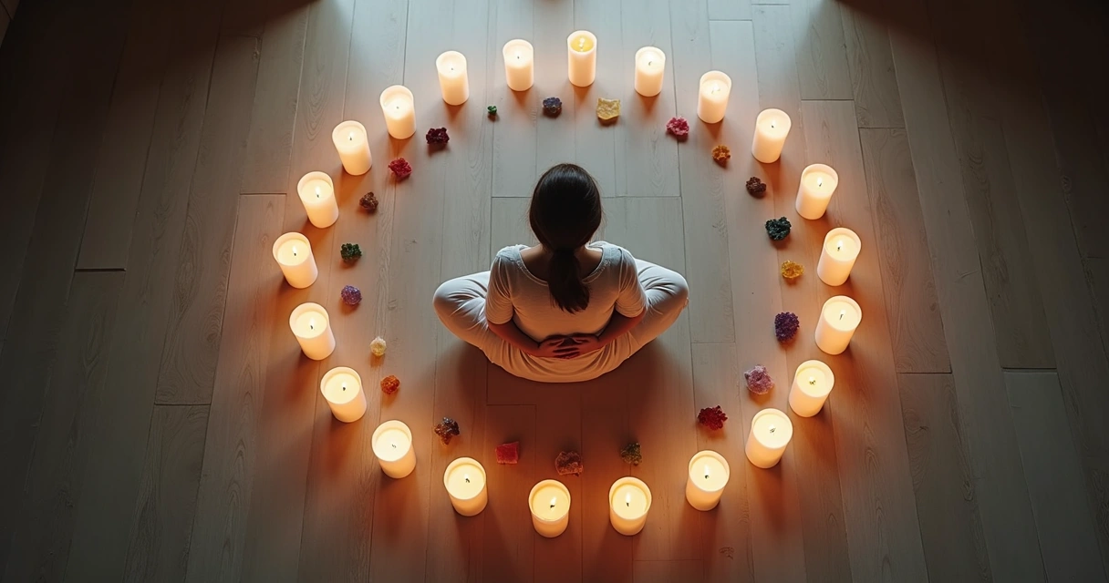 Ritual com velas, cristais e círculo de luz 