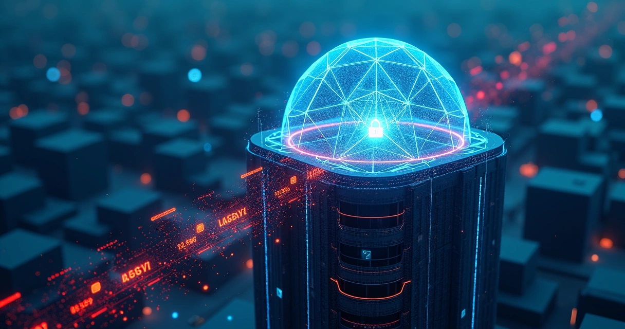 Escudo digital de inteligência artificial protegendo empresa contra ataque ransomware 