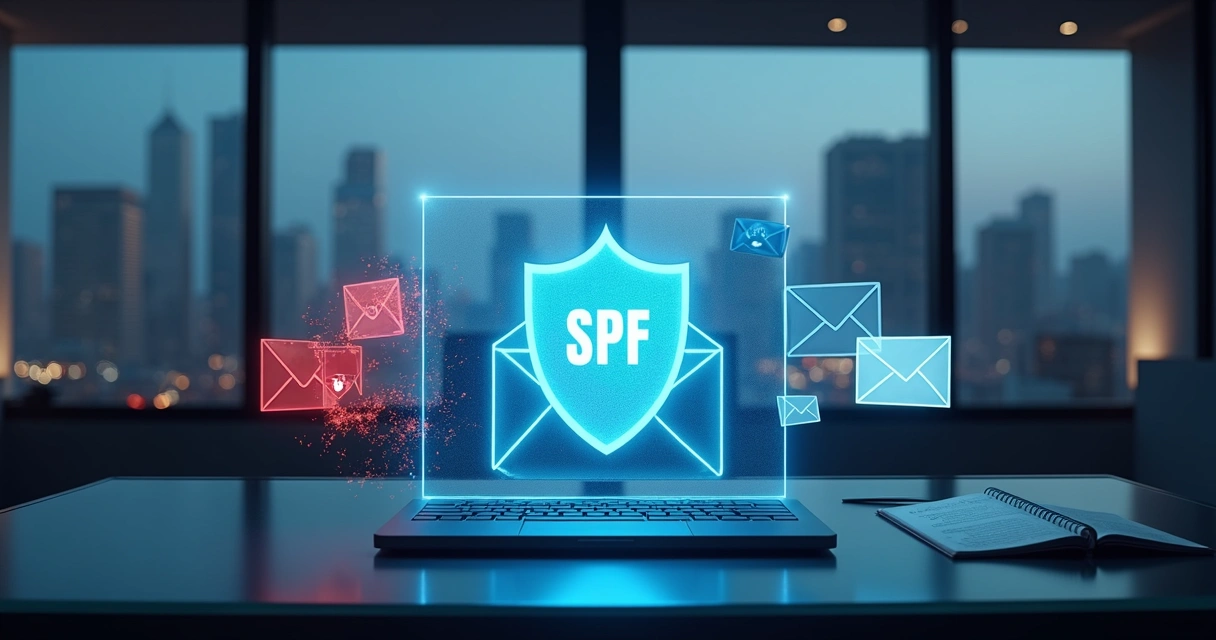 Escudo digital protegendo interface de e-mail corporativo preenchida com mensagens suspeitas 