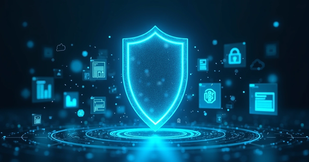 Escudo digital azul protegendo ícones de documentos fiscais e nuvem tecnológica 