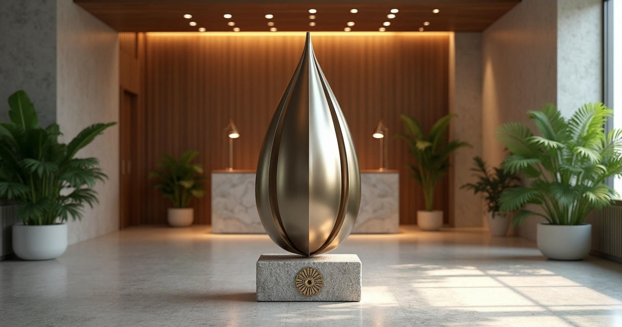 Escultura corporativa moderna em aço com formato de grão exposta em entrada de cooperativa 