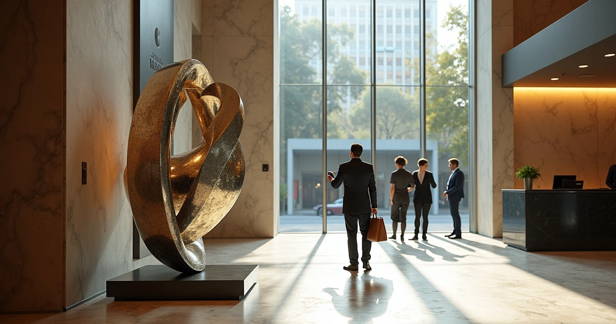 Escultura corporativa de metal e vidro em hall de entrada de empresa 