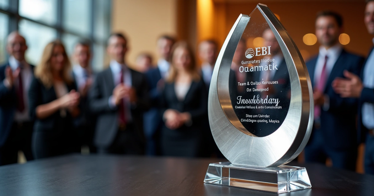 Escultura corporativa sob medida em ambiente de premiação empresarial 