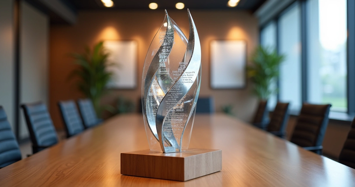 Escultura de homenagem corporativa moderna com detalhes metálicos e base de madeira 
