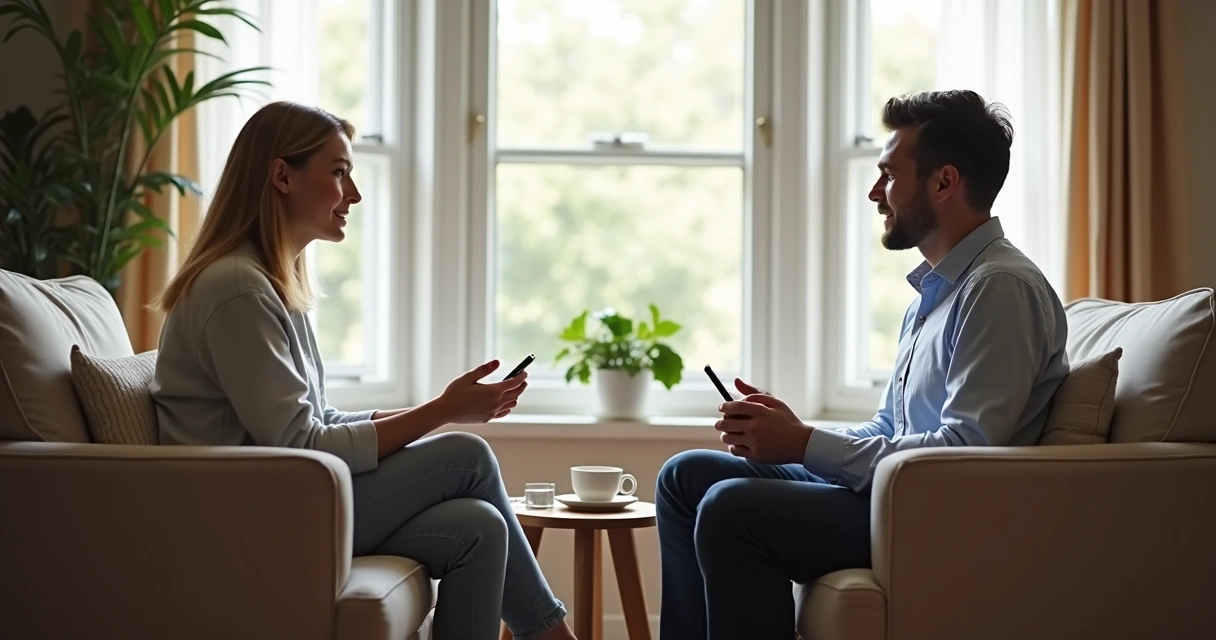 Duas pessoas conversando com atenção em ambiente calmo 