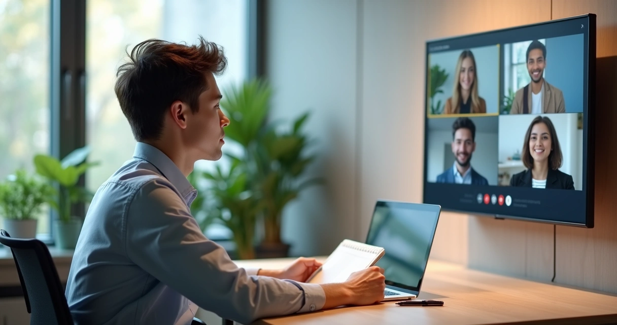 Profissional em videochamada inclinado para frente escutando atentamente colega em tela grande 