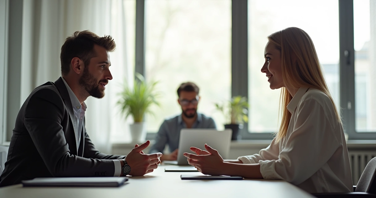 Duas pessoas conversam em um escritório, uma ouvindo atentamente a outra 
