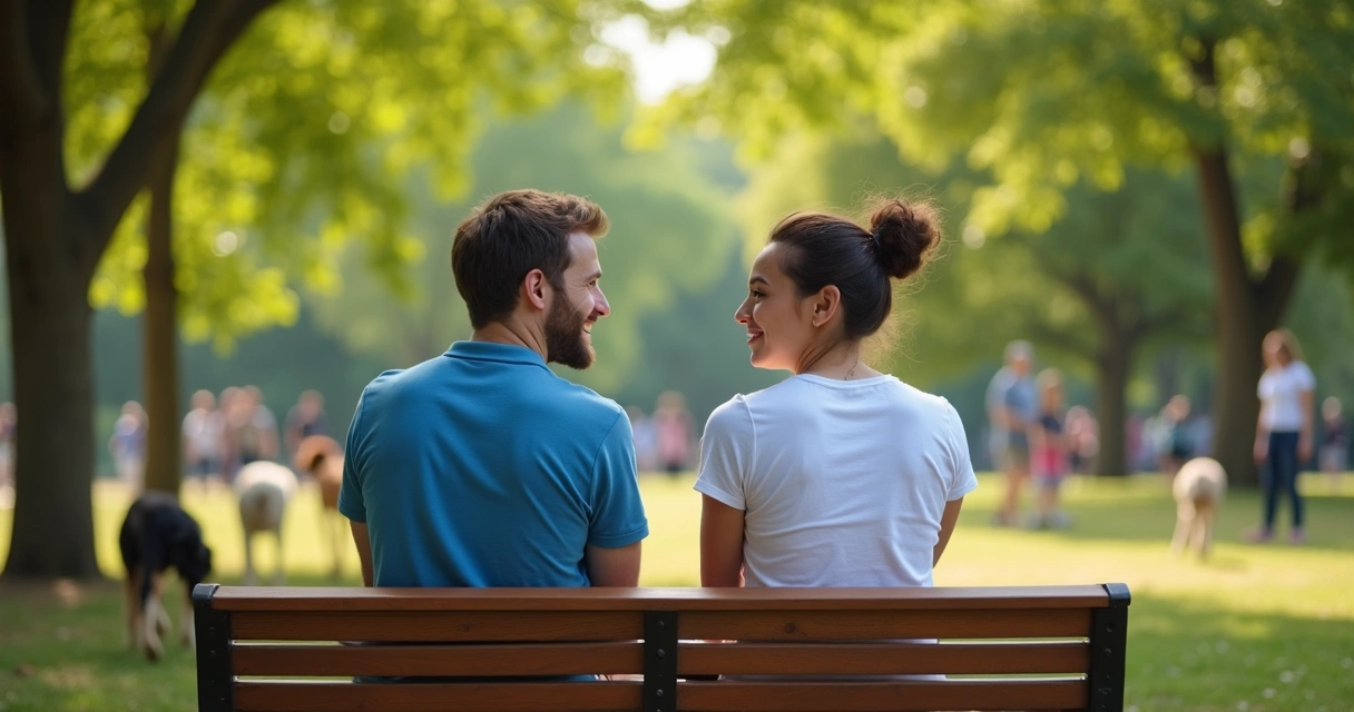 Dois amigos conversando sentados em um banco de praça, com olhar atento um ao outro 