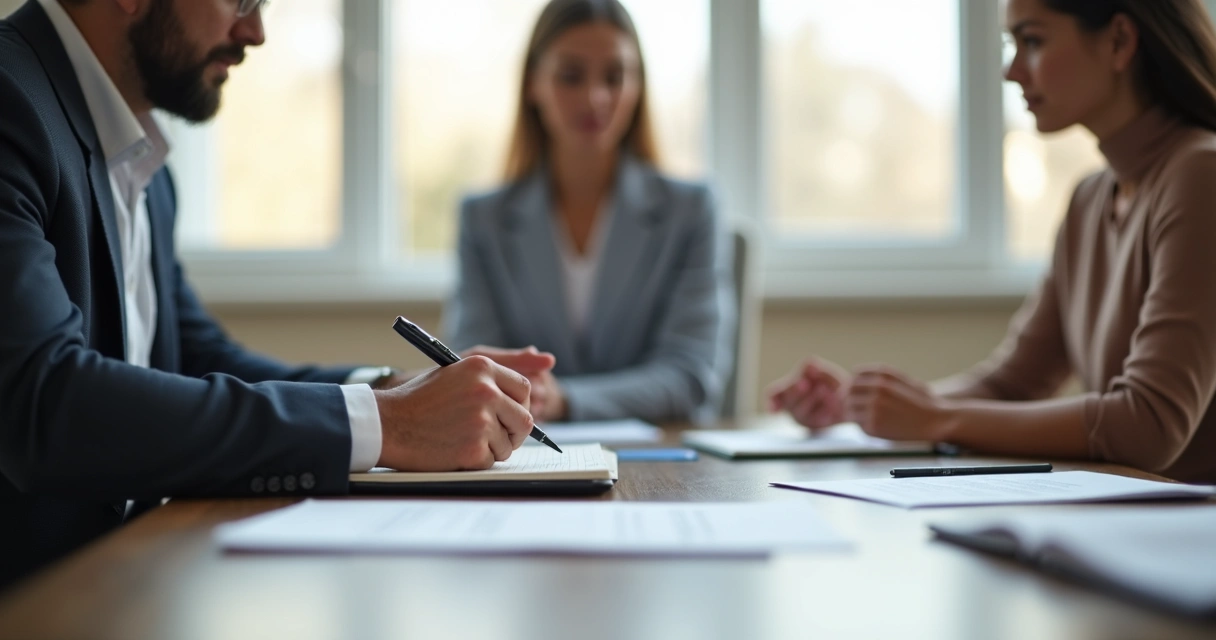 Mediador fazendo anotações enquanto escuta duas pessoas em conversa familiar 