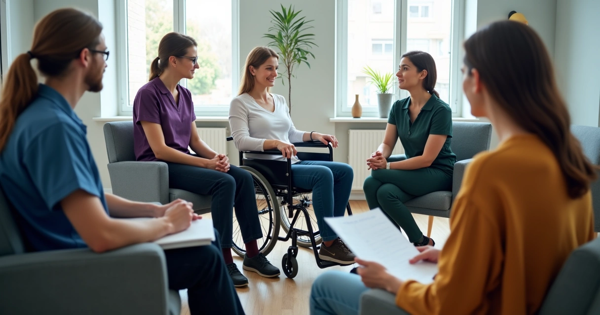 Terapeutas em roda de conversa com paciente em ambiente clínico, focados na comunicação 