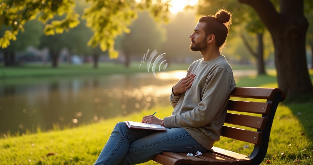 Pessoa sentada em banco de parque com caderno ouvindo atenta em ambiente tranquilo 
