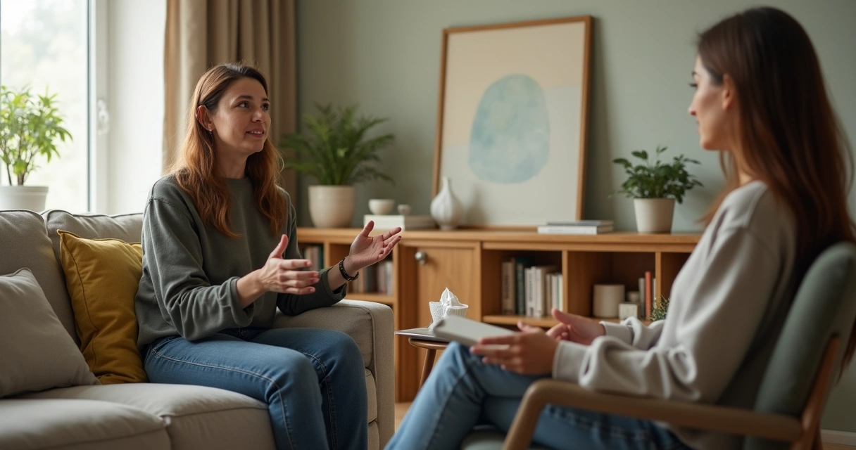 Terapeuta ouvindo atentamente pessoa em sofá em ambiente acolhedor 