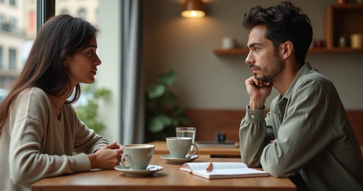 Duas pessoas em mesa de café envolvendo-se em escuta atenta diante de um caderno aberto 
