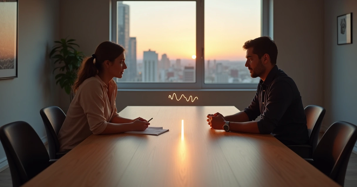 Duas pessoas em lados opostos de uma mesa unidas por fio luminoso em forma de onda sonora 