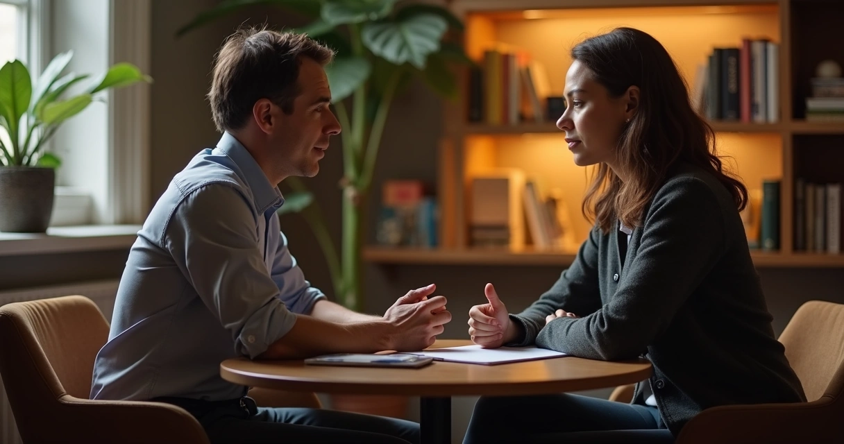 Duas pessoas sentadas conversando, uma ouvindo atentamente a outra 