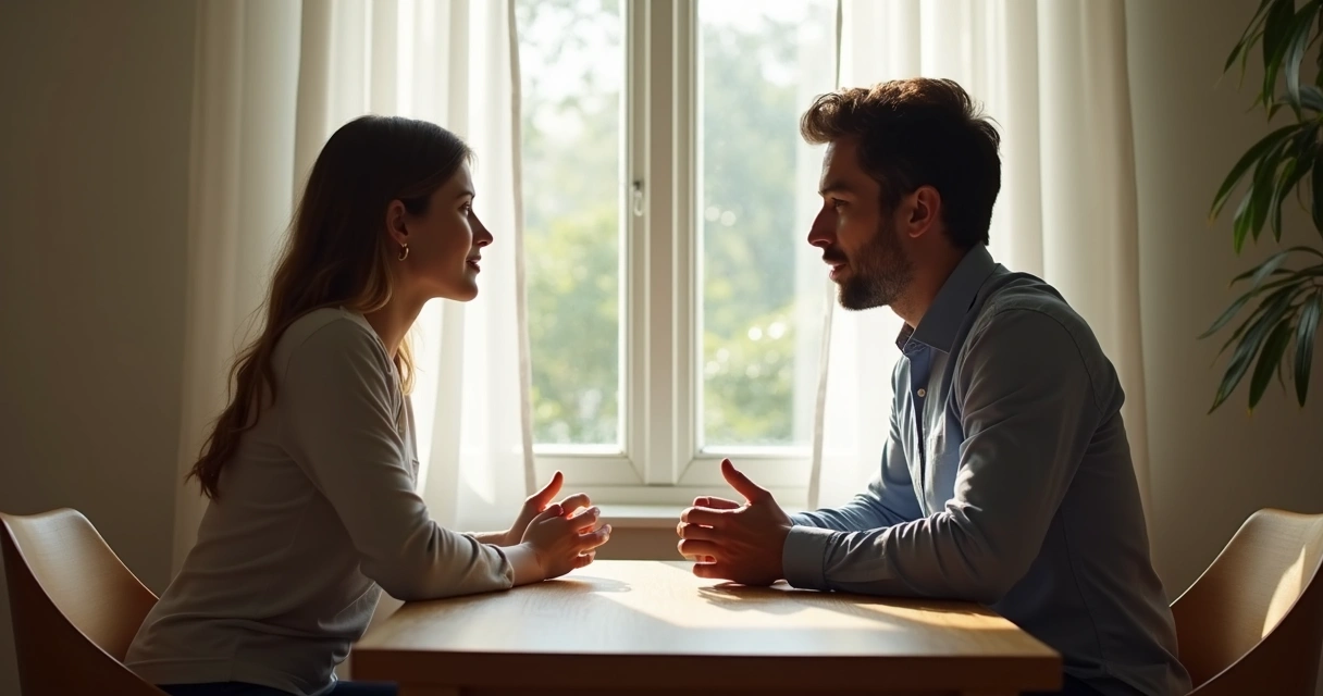 Duas pessoas conversando sentadas à mesa com expressões de atenção e interesse