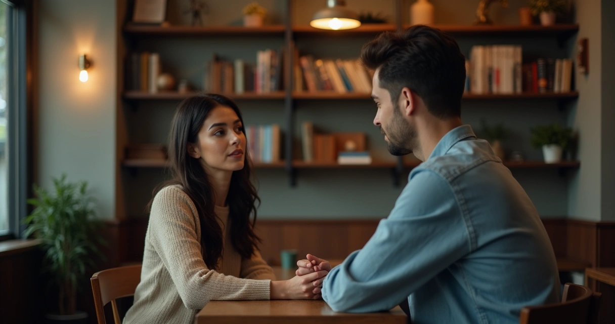 Mulher ouvindo atentamente homem sentado à sua frente em café tranquilo 